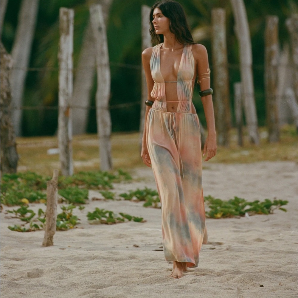 Indah Pastel Tie-Dye Maxi Dress in Peach, Blue & Cream